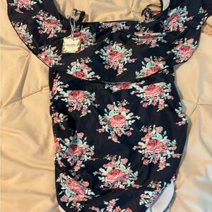 Swim hello sunshine Floral Off-Shoulder One Piece Navy and Pink new+tags size L